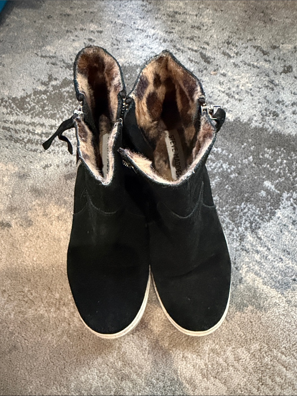 Steve Madden Black Suede Wedge Ankle Booties with Faux Fur Lining